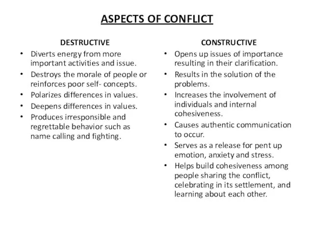 ASPECTS OF CONFLICT DESTRUCTIVE Diverts energy from more important activities