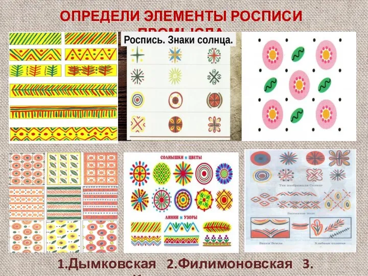 1.Дымковская 2.Филимоновская 3.Каргопольская ОПРЕДЕЛИ ЭЛЕМЕНТЫ РОСПИСИ ПРОМЫСЛА