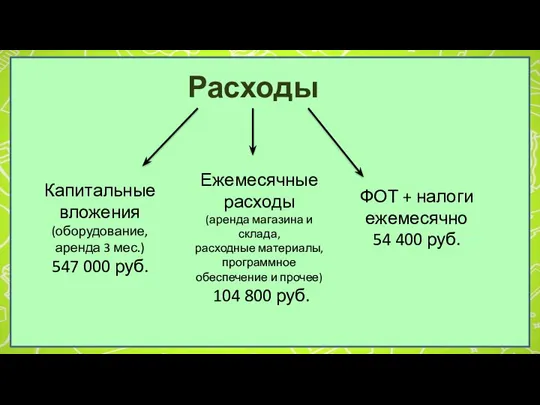 Расходы ФОТ + налоги ежемесячно 54 400 руб. Капитальные вложения