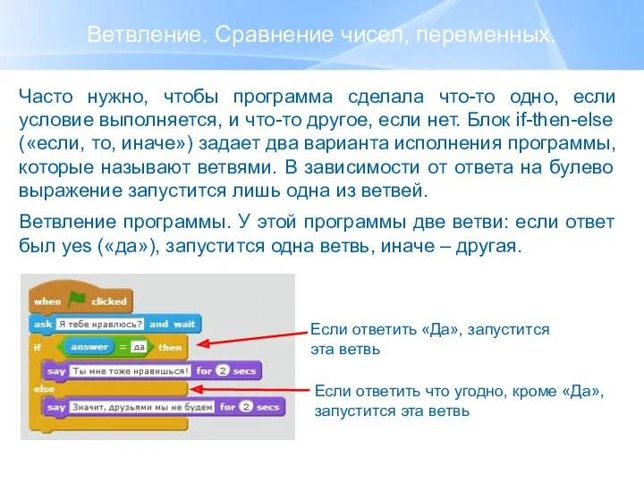 Ветвление. Сравнение чисел, переменных. Часто нужно, чтобы программа сделала что-то