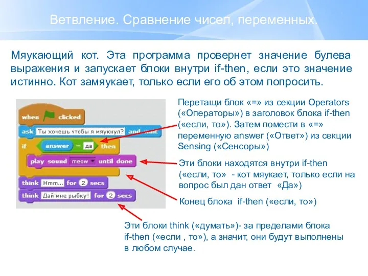 Ветвление. Сравнение чисел, переменных. Мяукающий кот. Эта программа провернет значение