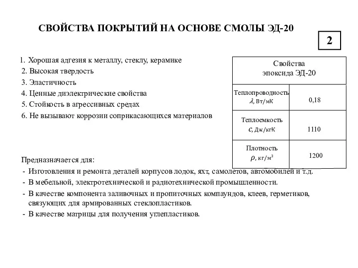 СВОЙСТВА ПОКРЫТИЙ НА ОСНОВЕ СМОЛЫ ЭД-20 2 Хорошая адгезия к металлу, стеклу, керамике