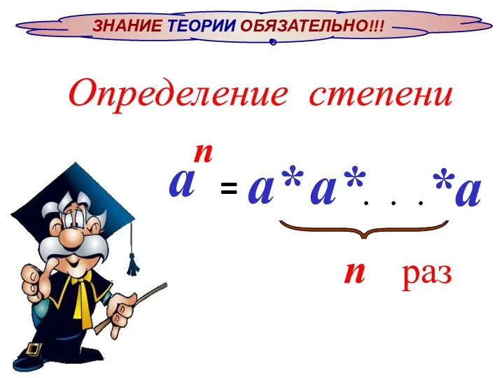 ЗНАНИЕ ТЕОРИИ ОБЯЗАТЕЛЬНО!!! Определение степени = раз n а п *а а* а* • • •