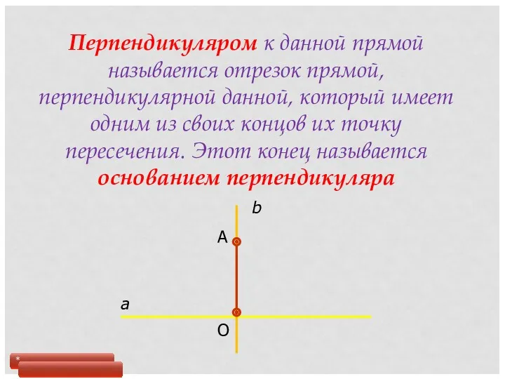 Перпендикуляром к данной прямой называется отрезок прямой, перпендикулярной данной, который