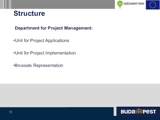 Structure Department for Project Management: Unit for Project Applications Unit for Project Implementation Brussels Representation