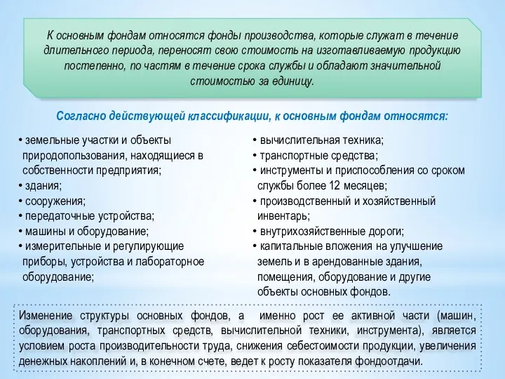 К основным фондам относятся фонды производства, которые служат в течение