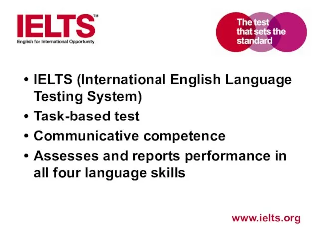 IELTS (International English Language Testing System) Task-based test Communicative competence Assesses and reports