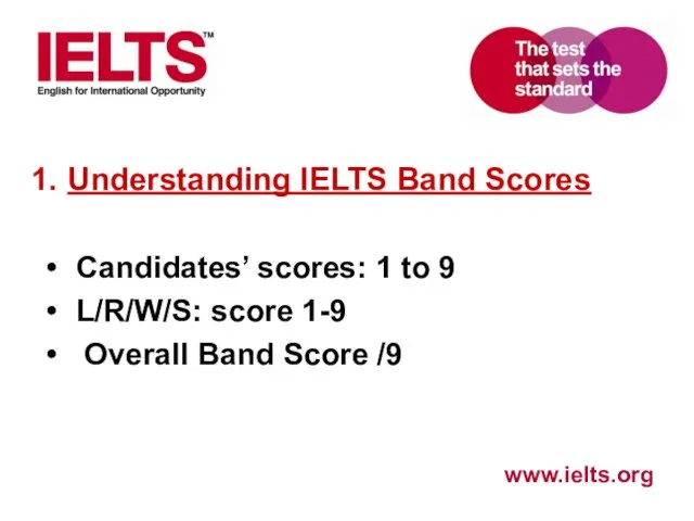 Understanding IELTS Band Scores Candidates’ scores: 1 to 9 L/R/W/S: score 1-9 Overall Band Score /9