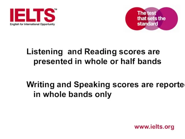 Listening and Reading scores are presented in whole or half bands Writing and