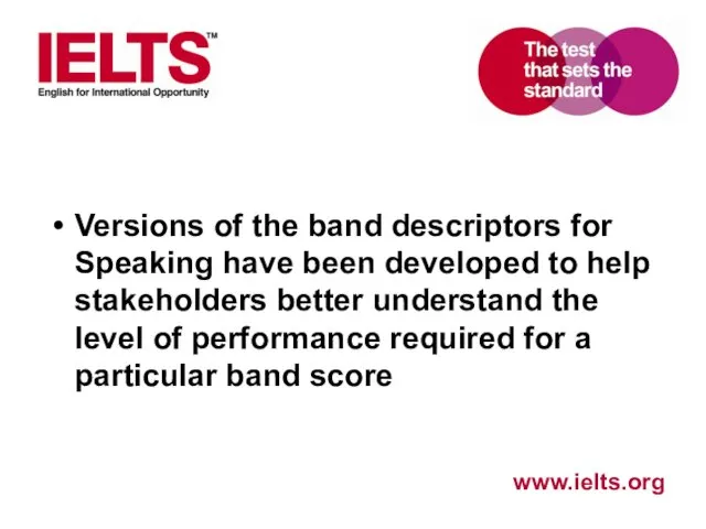 Versions of the band descriptors for Speaking have been developed to help stakeholders