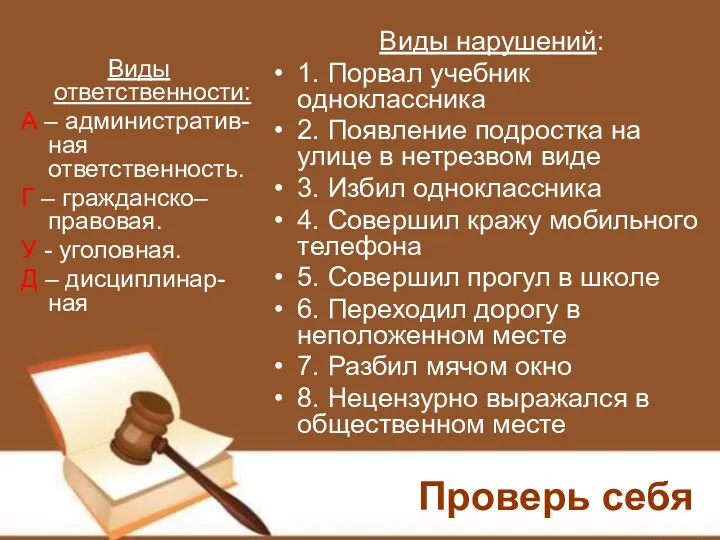 Виды ответственности: А – административ-ная ответственность. Г – гражданско–правовая. У