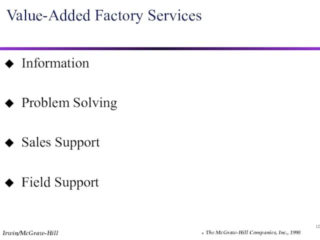 12 Value-Added Factory Services Information Problem Solving Sales Support Field Support