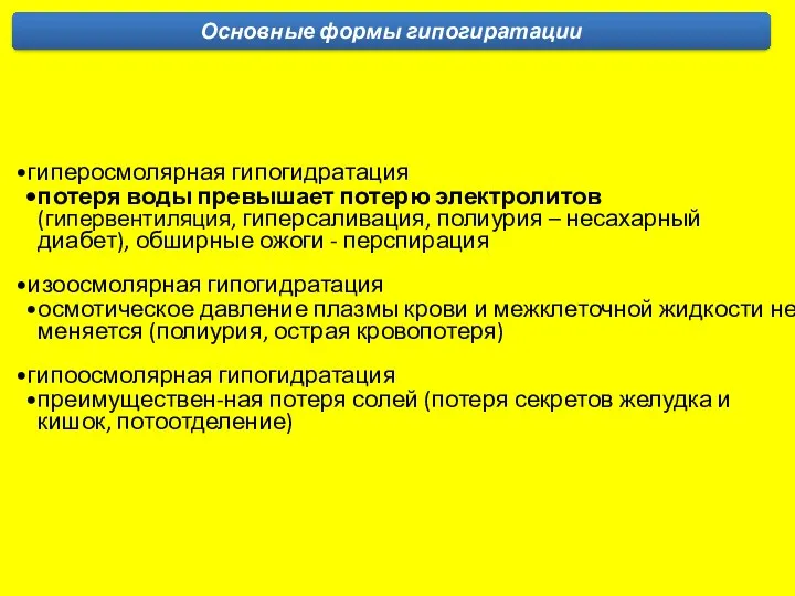 гиперосмолярная гипогидратация потеря воды превышает потерю электролитов (гипервентиляция, гиперсаливация, полиурия