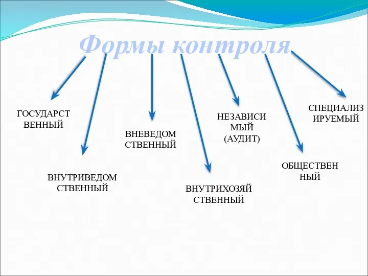 Формы контроля ГОСУДАРСТВЕННЫЙ ВНУТРИВЕДОМСТВЕННЫЙ ВНЕВЕДОМСТВЕННЫЙ ВНУТРИХОЗЯЙСТВЕННЫЙ ОБЩЕСТВЕННЫЙ СПЕЦИАЛИЗИРУЕМЫЙ НЕЗАВИСИМЫЙ (АУДИТ)