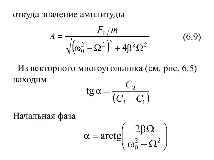 откуда значение амплитуды (6.9) Из векторного многоугольника (см. рис. 6.5) находим Начальная фаза