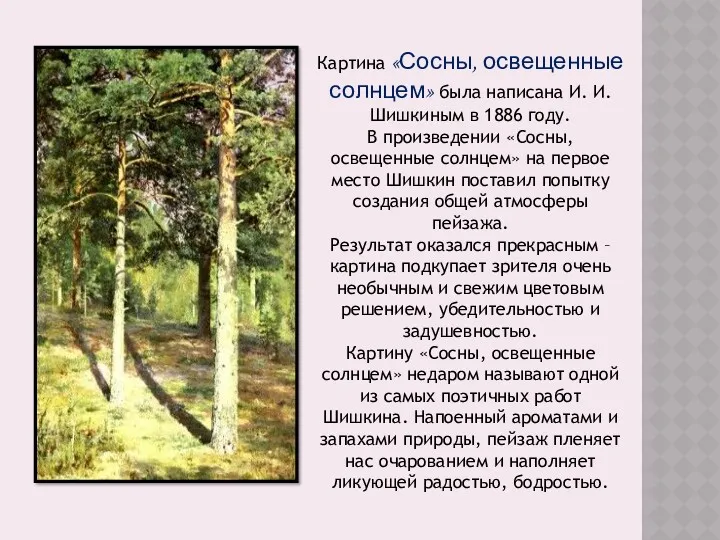 Картина «Сосны, освещенные солнцем» была написана И. И. Шишкиным в