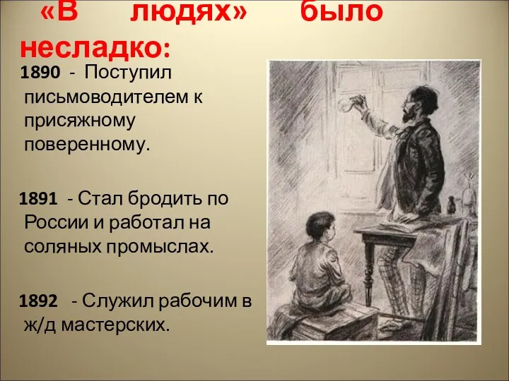 1890 - Поступил письмоводителем к присяжному поверенному. 1891 - Стал