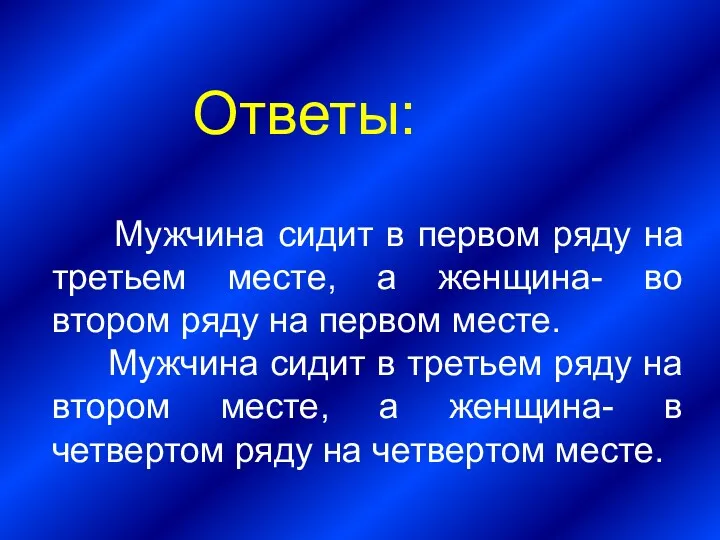 Ответы: Мужчина сидит в первом ряду на третьем месте, а