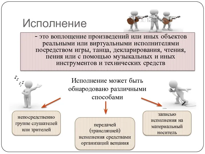 Исполнение - это воплощение произведений или иных объектов реальными или