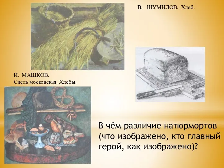 В. ШУМИЛОВ. Хлеб. И. МАШКОВ. Снедь московская. Хлебы. В чём