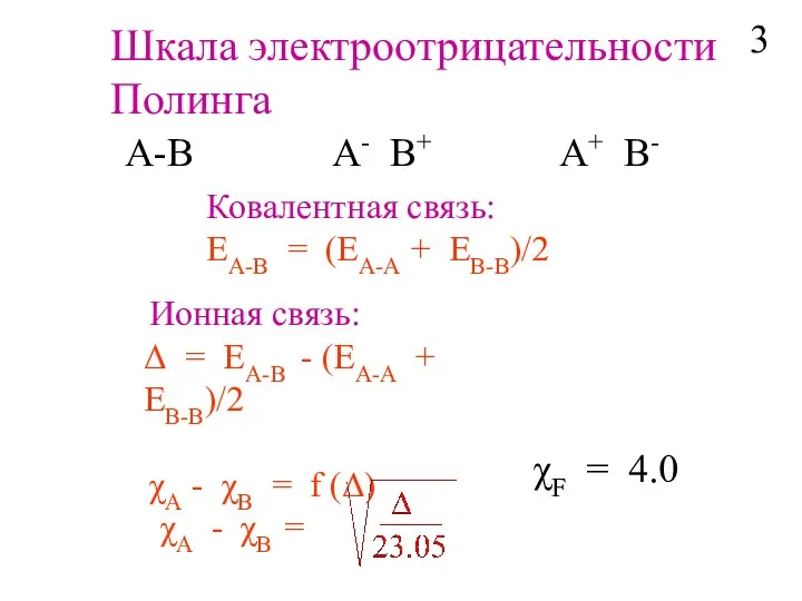 Шкала электроотрицательности Полинга A-B A- B+ A+ B- Ковалентная связь: