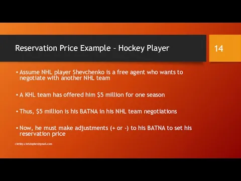 Reservation Price Example – Hockey Player Assume NHL player Shevchenko