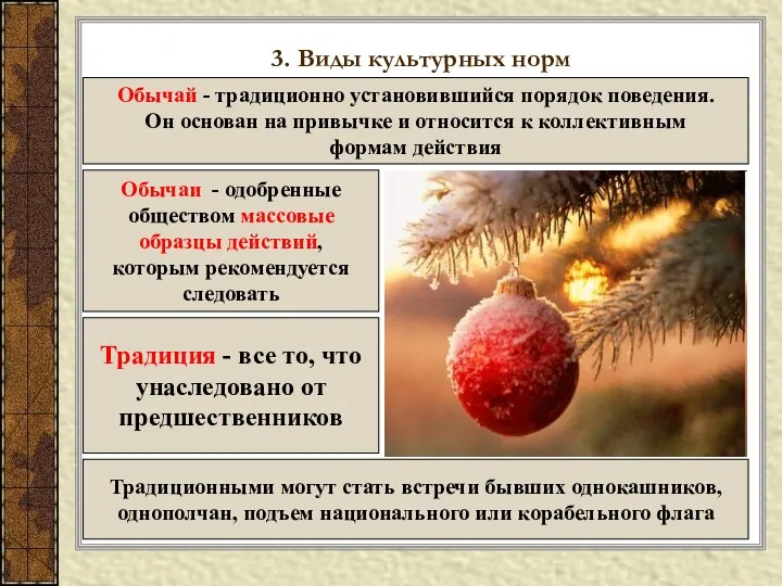 3. Виды культурных норм Обычай - традиционно установившийся порядок поведения.