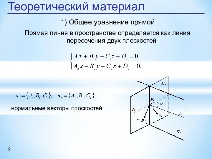Теоретический материал нормальные векторы плоскостей 1) Общее уравнение прямой Прямая линия в пространстве