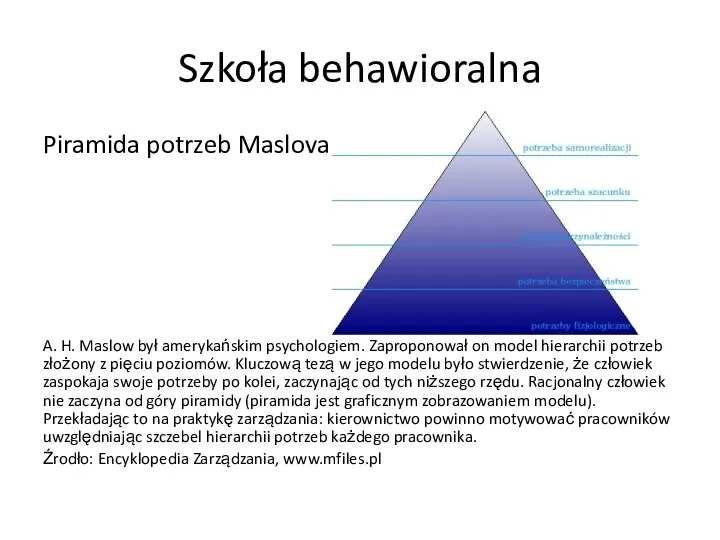 Szkoła behawioralna Piramida potrzeb Maslova. A. H. Maslow był amerykańskim