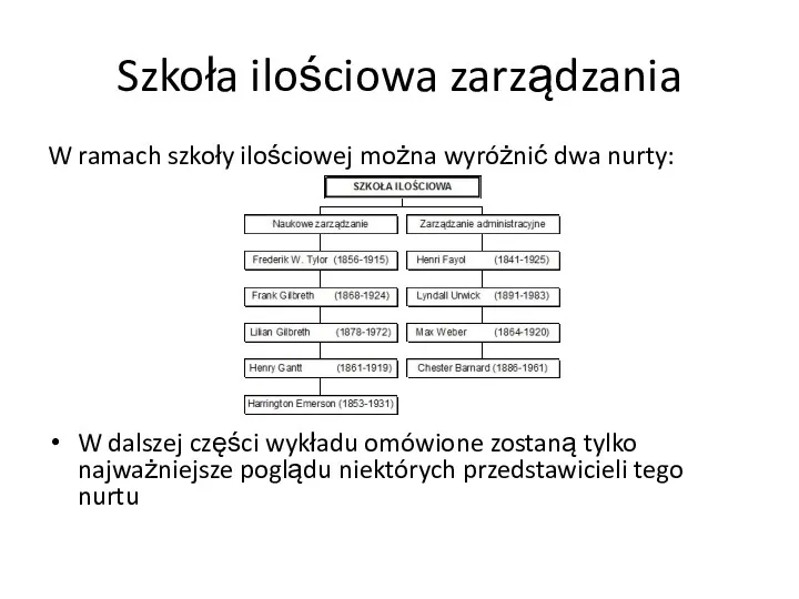 Szkoła ilościowa zarządzania W ramach szkoły ilościowej można wyróżnić dwa