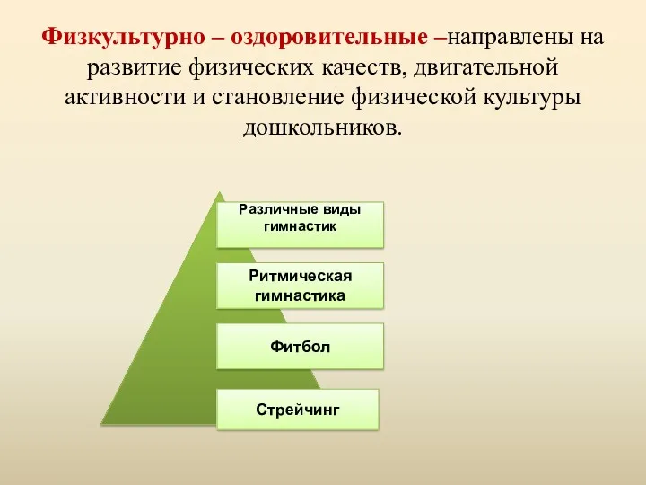 Физкультурно – оздоровительные –направлены на развитие физических качеств, двигательной активности