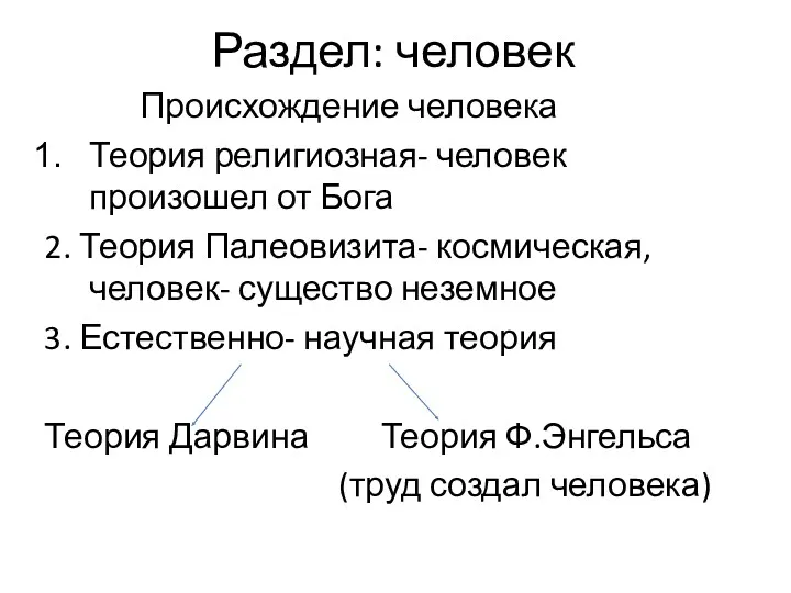 Раздел: человек Происхождение человека Теория религиозная- человек произошел от Бога