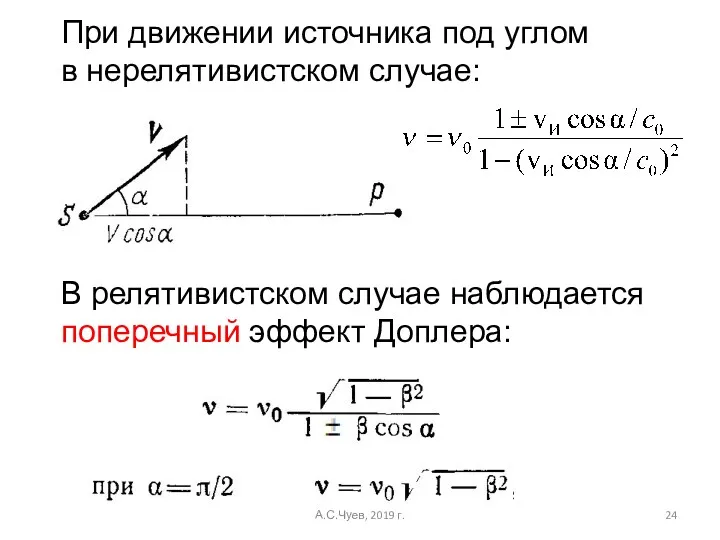 При движении источника под углом в нерелятивистском случае: В релятивистском