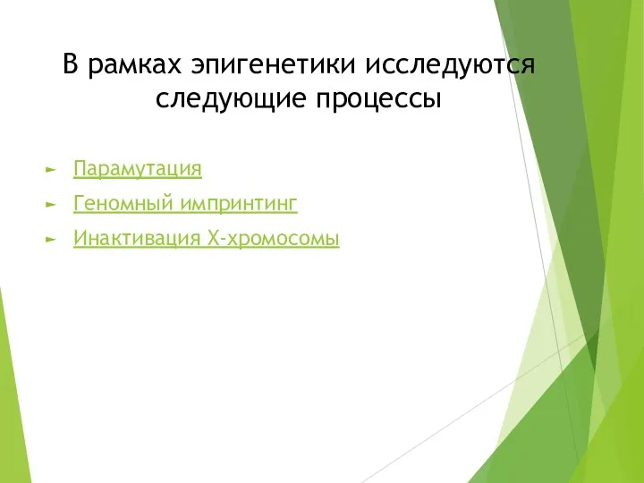 В рамках эпигенетики исследуются следующие процессы Парамутация Геномный импринтинг Инактивация X-хромосомы