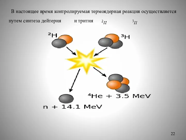 В настоящее время контролируемая термоядерная реакция осуществляется путем синтеза дейтерия и трития .