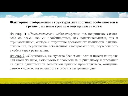 Факторное отображение структуры личностных особенностей в группе с низким уровнем