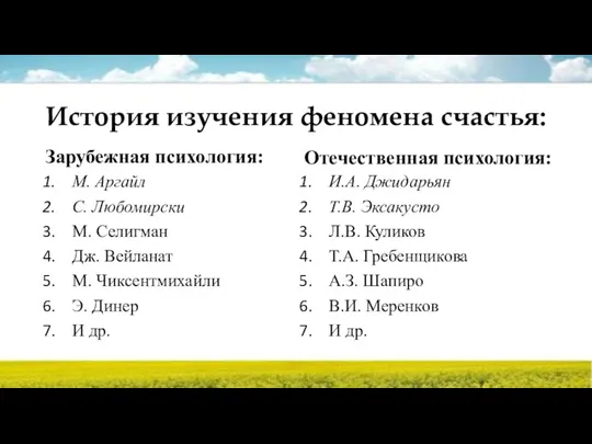 История изучения феномена счастья: Зарубежная психология: М. Аргайл С. Любомирски М. Селигман Дж.