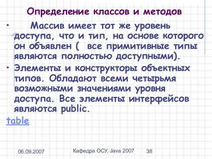 06.09.2007 Кафедра ОСУ, Java 2007 Определение классов и методов Массив