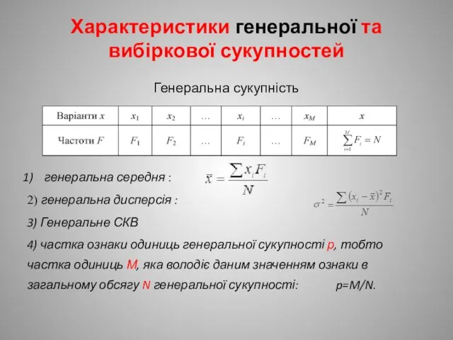 Характеристики генеральної та вибіркової сукупностей Генеральна сукупність генеральна середня :