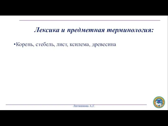 Лексика и предметная терминология: Корень, стебель, лист, ксилема, древесина