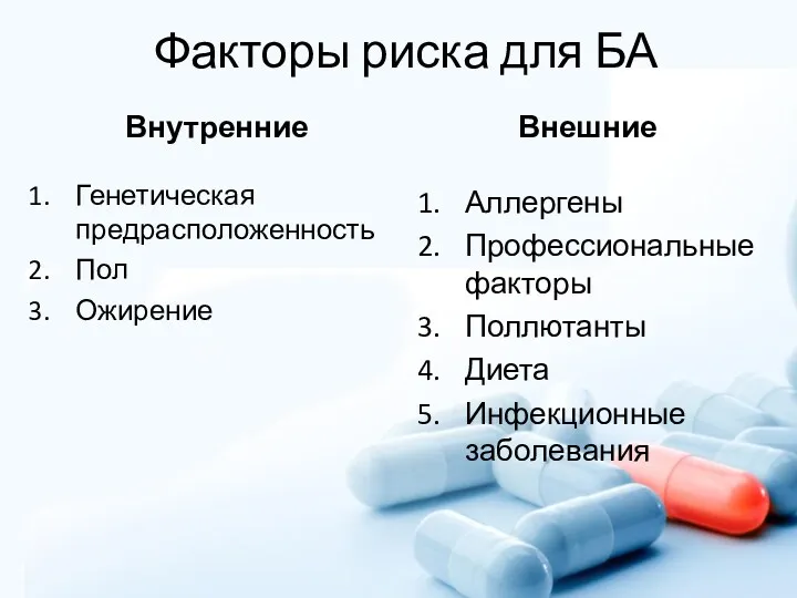 Факторы риска для БА Внутренние Генетическая предрасположенность Пол Ожирение Внешние