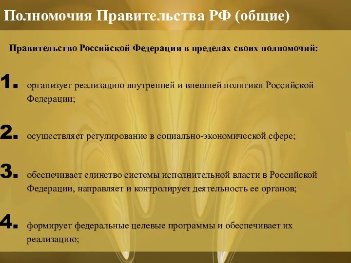 Правительство Российской Федерации в пределах своих полномочий: организует реализацию внутренней