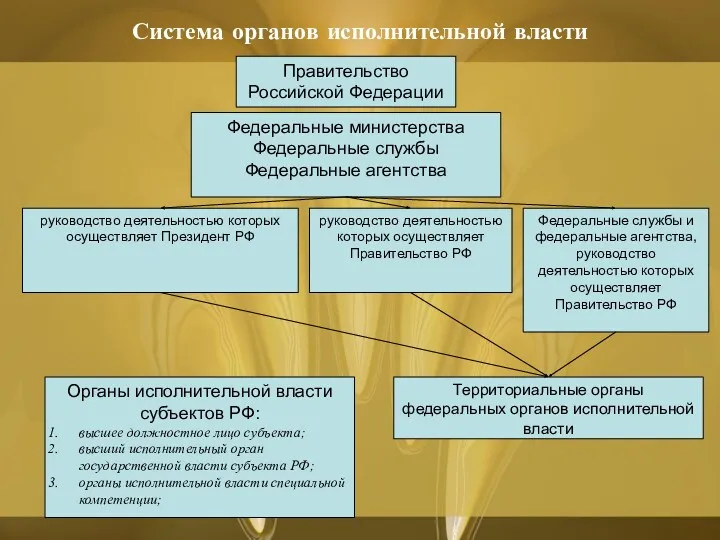 Система органов исполнительной власти Правительство Российской Федерации Федеральные министерства Федеральные
