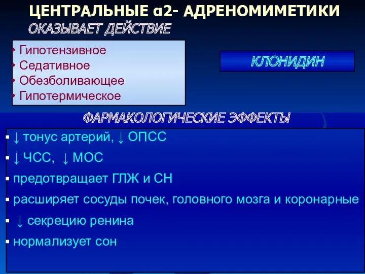 КЛОНИДИН ЦЕНТРАЛЬНЫЕ α2- АДРЕНОМИМЕТИКИ