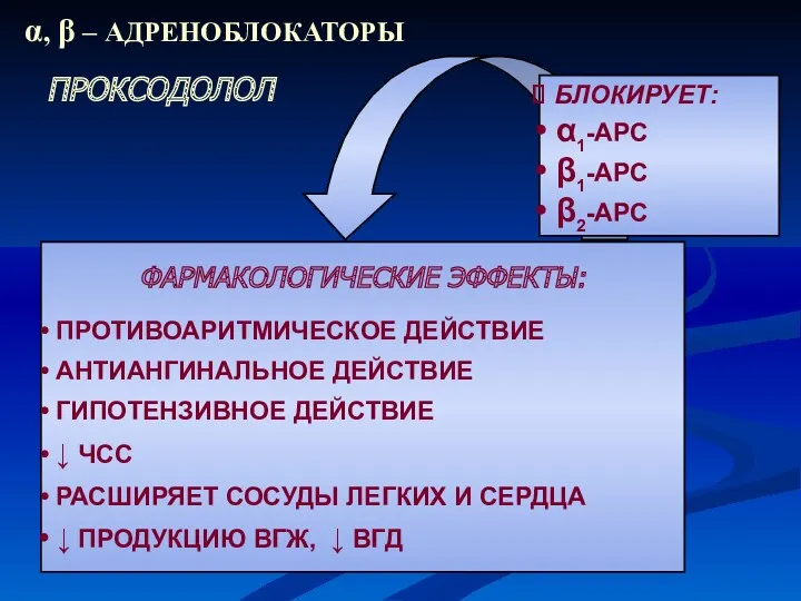 БЛОКИРУЕТ: α1-АРС β1-АРС β2-АРС α, β – АДРЕНОБЛОКАТОРЫ ПРОКСОДОЛОЛ ФАРМАКОЛОГИЧЕСКИЕ