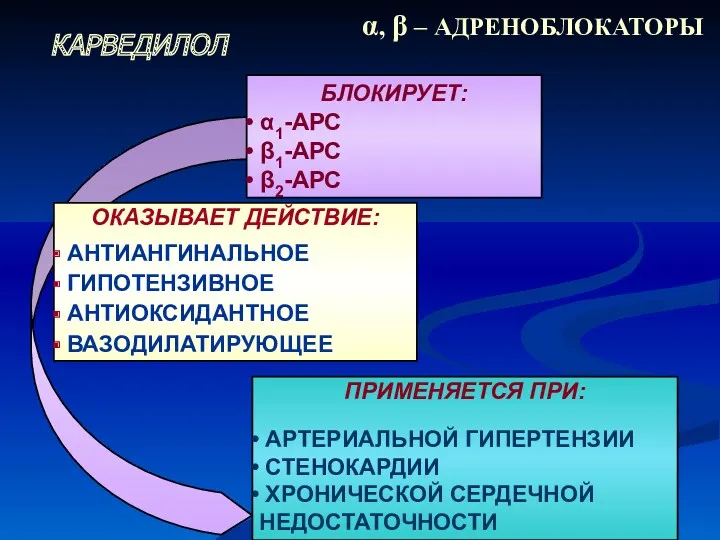 ОКАЗЫВАЕТ ДЕЙСТВИЕ: АНТИАНГИНАЛЬНОЕ ГИПОТЕНЗИВНОЕ АНТИОКСИДАНТНОЕ ВАЗОДИЛАТИРУЮЩЕЕ БЛОКИРУЕТ: α1-АРС β1-АРС β2-АРС