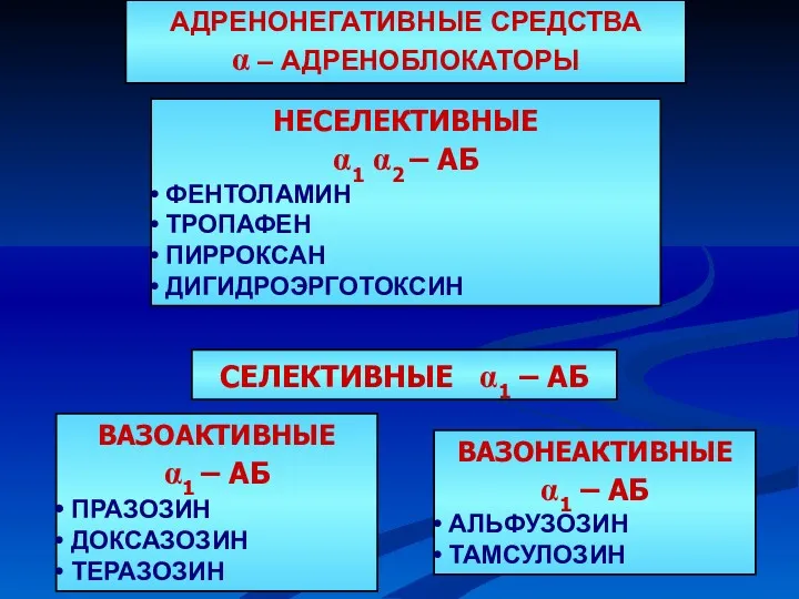 НЕСЕЛЕКТИВНЫЕ α1 α2 – АБ ФЕНТОЛАМИН ТРОПАФЕН ПИРРОКСАН ДИГИДРОЭРГОТОКСИН АДРЕНОНЕГАТИВНЫЕ СРЕДСТВА α – АДРЕНОБЛОКАТОРЫ