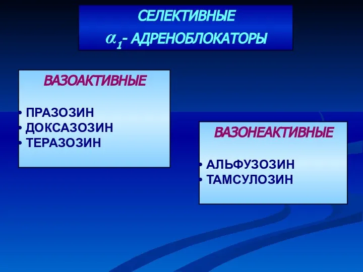 ВАЗОАКТИВНЫЕ ПРАЗОЗИН ДОКСАЗОЗИН ТЕРАЗОЗИН ВАЗОНЕАКТИВНЫЕ АЛЬФУЗОЗИН ТАМСУЛОЗИН СЕЛЕКТИВНЫЕ α1- АДРЕНОБЛОКАТОРЫ