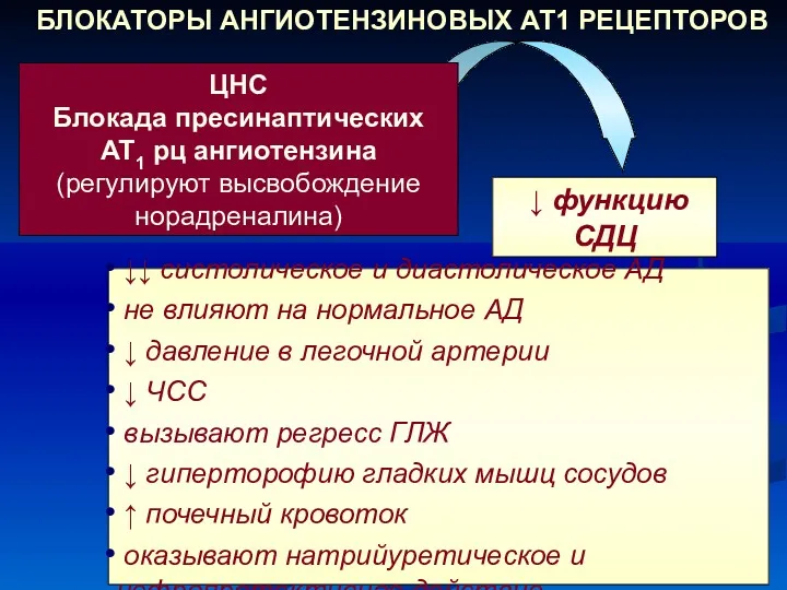 ЦНС Блокада пресинаптических АТ1 рц ангиотензина (регулируют высвобождение норадреналина) ↓↓