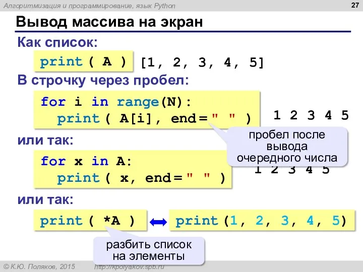 Вывод массива на экран Как список: print ( A ) [1, 2, 3,